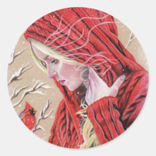 Sticker Rond Cardinal rouge fille Noël vacances hiver autocolla
