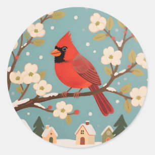 Sticker Rond Cardinal rouge sur branche d'hiver
