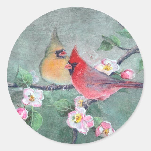 Sticker Rond CARDINALS & APPLE BLOSSOMS par SHARON SHARPE (Devant)