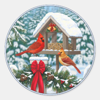 Sticker Rond Cardinaux et nourriciers d'oiseaux de Noël