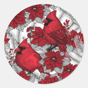 Sticker Rond Cardinaux et poinsettia en rouge et blanc