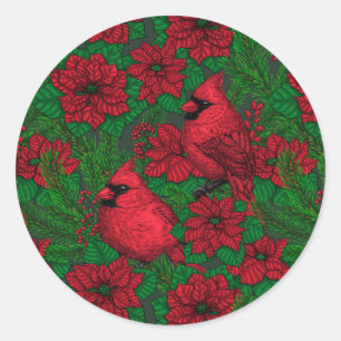Sticker Rond Cardinaux et poinsettia pour Noël