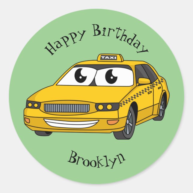 Sticker Rond Caricature amusante de taxi jaune mignon (Devant)