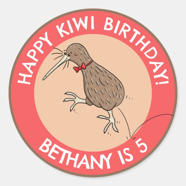 Sticker Rond Caricature d'anniversaire d'oiseau kiwi personnali (Devant)