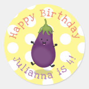 Sticker Rond Caricature d'aubergine d'aubergine joliment heureu