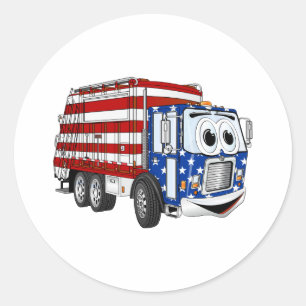 Sticker Rond Caricature de camion à ordures patriotique