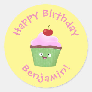 Sticker Rond Caricature de cupcake joyeux