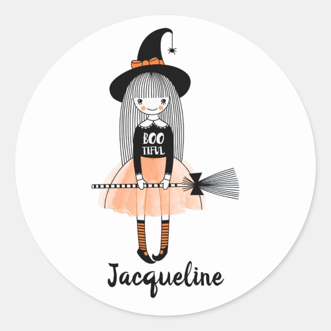Sticker Rond Caricature de fille sorcière balai casquette noeud (Devant)