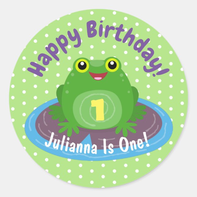 Sticker Rond Caricature de grenouille verte kawaii joyeux (Devant)