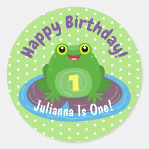 Sticker Rond Caricature de grenouille verte kawaii joyeux