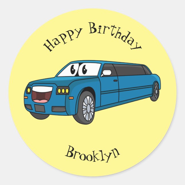Sticker Rond Caricature de la Limousine bleu mignonne (Devant)