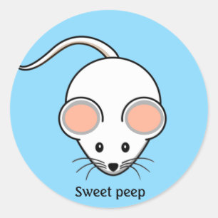Sticker Rond Caricature de la souris blanche sur bleu clair