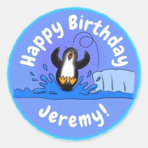 Sticker Rond Caricature de manchot joyeux sautant