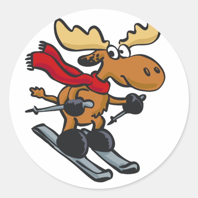 Sticker Rond Caricature de Moose Skier | choisir la couleur arr (Devant)