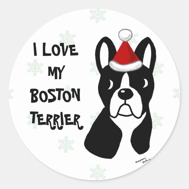 Sticker Rond Caricature de Noël de Boston Terrier Flocon de nei (Devant)