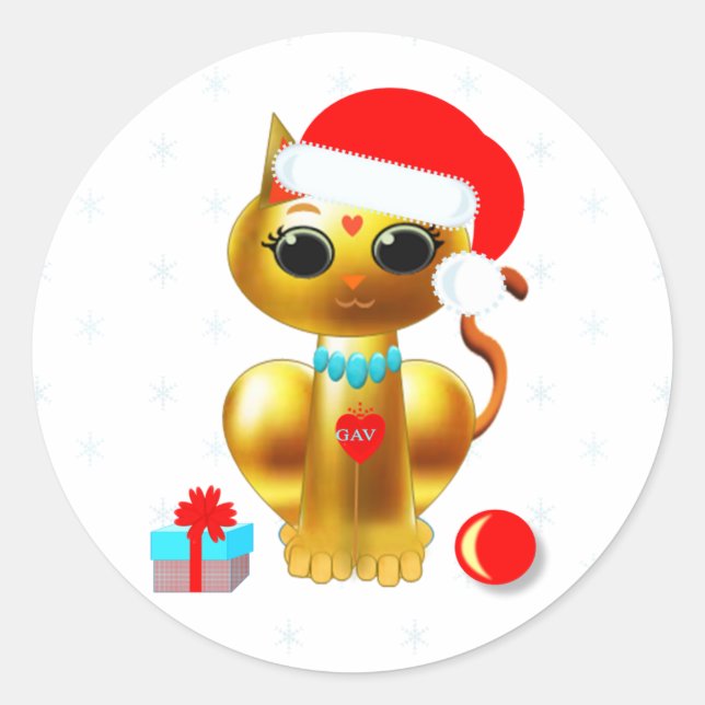 Sticker Rond Caricature de Noël pour chatte chatte en or (Devant)