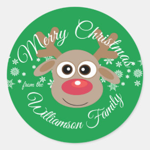 Sticker Rond Caricature de Noël Reindeer Vert Nouveauté