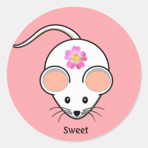 Sticker Rond Caricature de souris blanche avec fleur sur corail