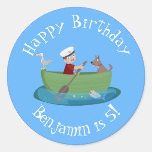 Sticker Rond Caricature de voilier et de canot à rames garçon m