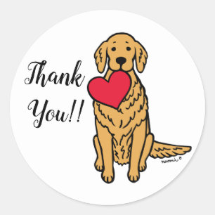 Sticker Rond Caricature Golden Retriever Red Heart Merci