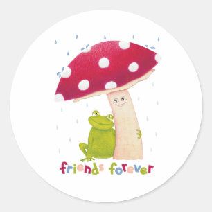 Sticker Rond Caricature mignonne grenouille assise et champigno