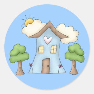 Sticker Rond Caricature mignonne Maison de Campagne Arbre scène