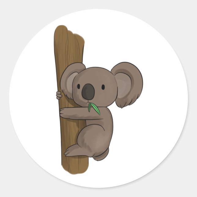 Sticker Rond Caricature mignonne Ours de Koala sur arbre manger (Devant)