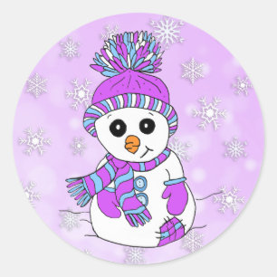 Sticker Rond Caricature mignonne Violet Snowman Flocon de neige