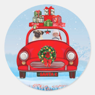 Sticker Rond Carlin Chien En Voiture Avec Le Père Noël