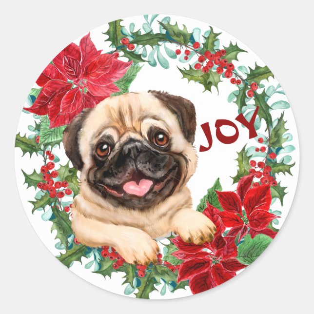 Sticker Rond Carlin Chien Joy Poinsettia Crème de Noël (Devant)