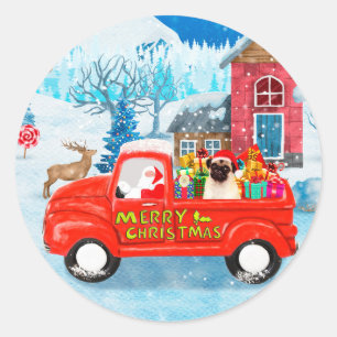 Sticker Rond Carlin Chien Livraison de Noël Camion Neige