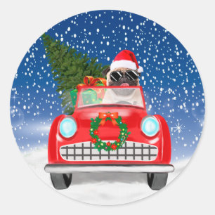Sticker Rond Carlin Chien Voiture De Conduite En Neige Noël