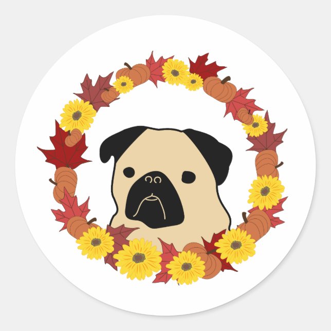 Sticker Rond Carlin d'automne avec Feuilles, Citrouilles et tou (Devant)