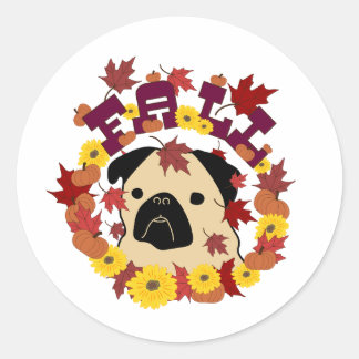 Sticker Rond Carlin d'automne avec Feuilles, Citrouilles et tou
