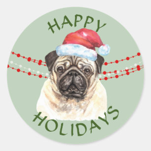 Sticker Rond Carlin Dog Santa Hat Joyeuses Fêtes