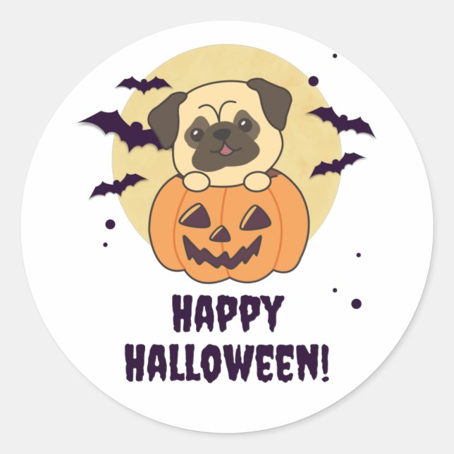 Sticker Rond Carlin En Chiens Doux Citrouilles Bonne Halloween (Devant)