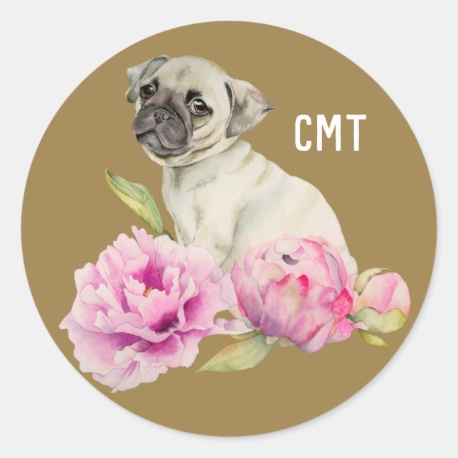 Sticker Rond Carlin et pivoines | Chien Art | Monogramme (Devant)