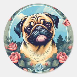 Sticker Rond Carlin Jouer Portrait De Chien Avec Fleurs