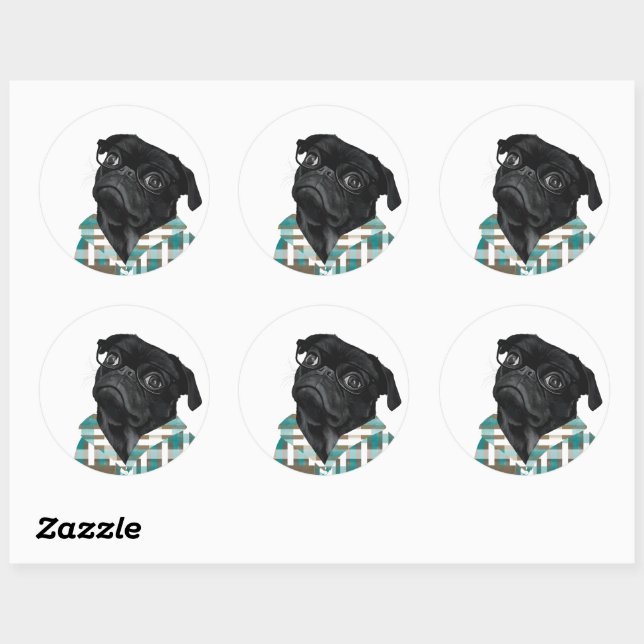 Sticker Rond Carlin noir adorable avec lunettes (Feuille)