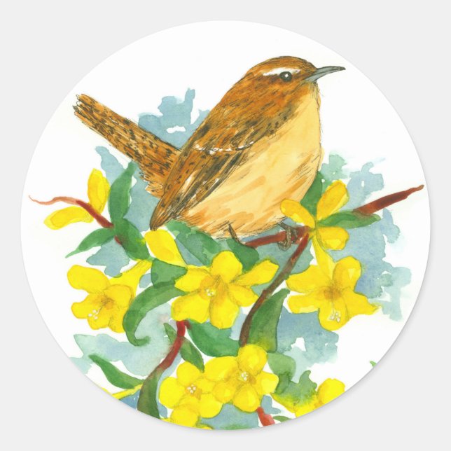 Sticker Rond Carolina Wren Jessamine Aquarelle Fleurs (Devant)