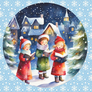Sticker Rond Carols de Noël des filles d'aquarelle en neige
