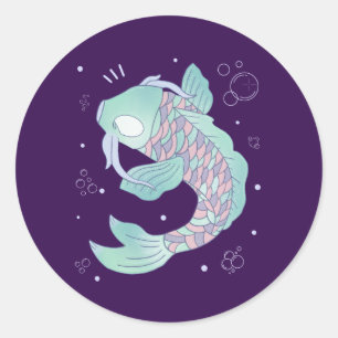 Sticker Rond Carpe Koi Pastel Art Populaire Fantaisiste Sous-