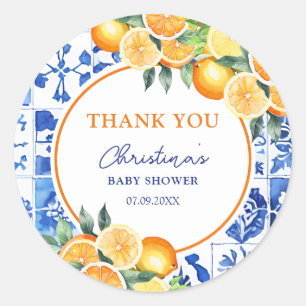 Sticker Rond Carreaux bleu Citrus Baby shower Merci