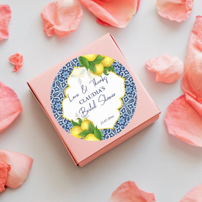 Sticker Rond Carreaux bleus citron Amalfi fête merci (Blue tiles lemon Amalfi party thank you favor Sticker Italian themed bridal shower favor stickers)