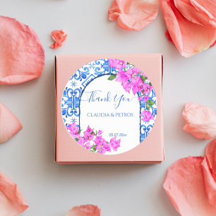 Sticker Rond Carreaux bleus et bougainvillée élégant merci