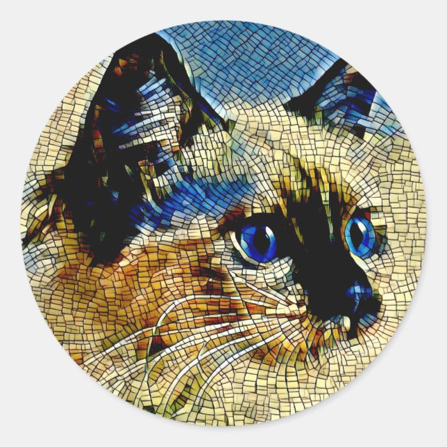 Sticker Rond Carreaux de mosaïque de chats siamois bleu (Devant)