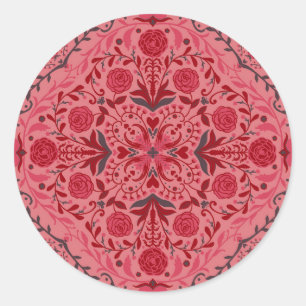 Sticker Rond Carreaux floraux en rouge et pastèque rose