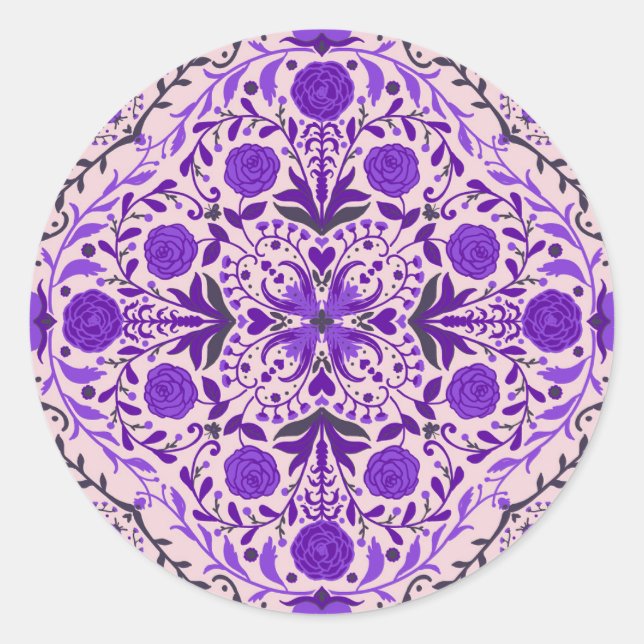 Sticker Rond Carreaux floraux en violet et coton bonbon rose (Devant)