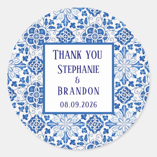 Sticker Rond Carreaux portugais Mariage méditerranéen bleu (Devant)