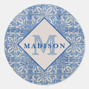 Sticker Rond Carreaux portugais Vintage bleu blanc Monogramme